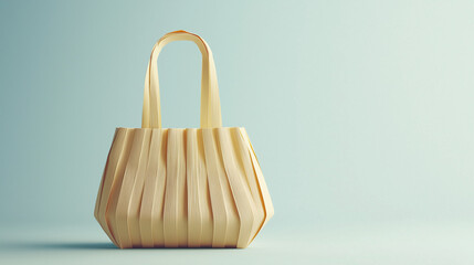 Minimalist wooden tote bag with pleated texture on soft pastel background, sustainable fashion concept with copy space.