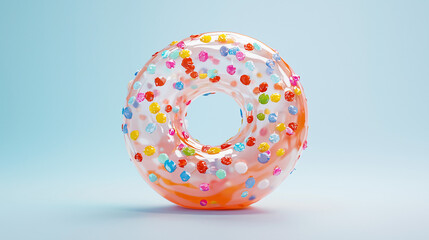 Transparent glazed donut with colorful sprinkles on light blue background, creative dessert illustration and playful food concept with copy space.