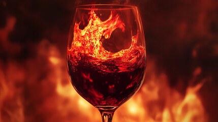 Glass of red wine with flames inside, surreal concept of passion, intensity and danger with copy space.