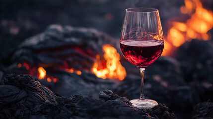 Glass of red wine placed on volcanic rocks near fire, dramatic atmosphere and luxury lifestyle concept with copy space.