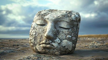 Surreal stone face sculpture emerging from barren landscape, concept of silence, time and inner calm with copy space.