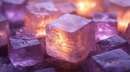 Glowing purple crystal cubes with soft light and bokeh, abstract luxury background with copy space.