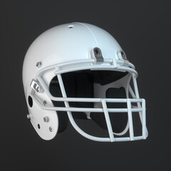 Fototapeta premium Detailed 3D render of a white American football helmet with a metal faceguard on a dark studio background.