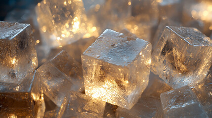 Transparent golden crystal cubes illuminated from inside, abstract luxury and energy concept with copy space