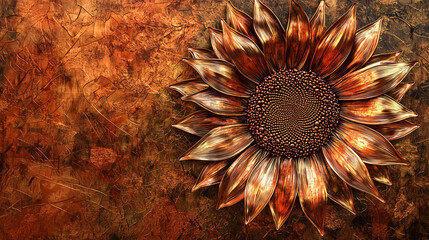 Metallic sunflower artwork on textured background, luxury nature-inspired design with copy space.