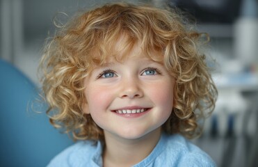 A happy infant occupies a dental chair, beaming and displaying his bright white teeth. The young patient is present at the dentist for a regular oral health examination. The little child feels secure