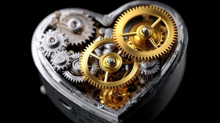 Mechanical Steampunk Heart with Golden Gears and Clockwork