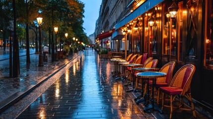 Fototapeta premium Rainy Evening at a Cozy Parisian Sidewalk Cafe with Glowing Lights