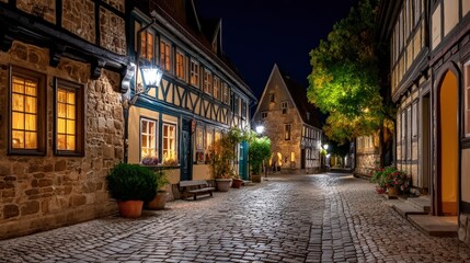 Obraz premium Charming Medieval Cobblestone Street at Night with Timber Houses
