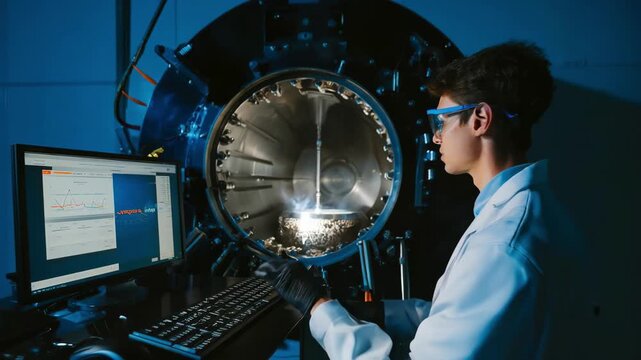 Medium shot of a technician monitoring heat application in a cryogenic chamber showcasing improved metal toughness and fatigue strength through precise thermal control