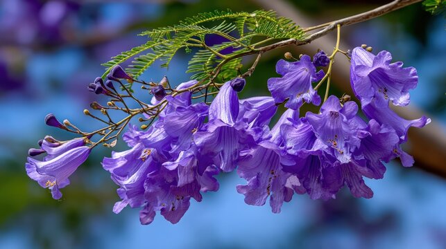 Purple Jacaranda Flowers Blooming on a Tree Branch
