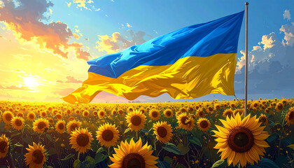 Ukrainian flag flying over a field of sunflowers at sunset
