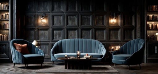 The sleek modern living room features a dark blue sectional sofa with orange pillows and an accent chair, large windows offering a view of plants outside, minimalist décor, and a mountain‑themed