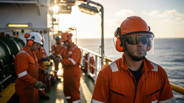 A close-up shot captures a worker on the deck of a ship or offshore oil platform, looking slightly toward the right of the frame. He is wearing an orange coverall uniform with reflective strips.