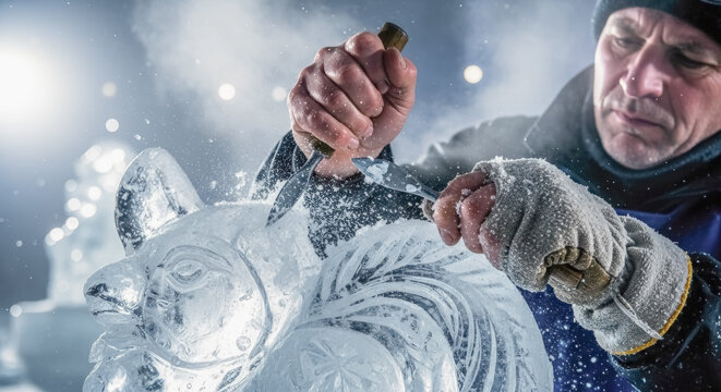 concentrated male artist meticulously carving a detailed ice sculpture with professional hand tools