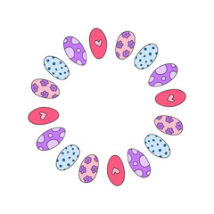 Cute round wreath with doodle Easter colored and decorated eggs isolated on white background.