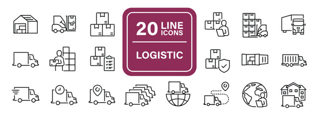 Set of Logistic Icons Illustrating Various Aspects of Delivery and Transportation in Outline Style