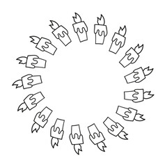 Cute round frame with hand drawn outline burning candles isolated on white background.