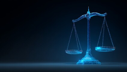 The concept presents digital scales of justice with a luminous wireframe mesh against a dark blue backdrop, representing modern tech, fairness, and future legal rulings