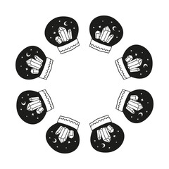 Cute round frame with hand drawn witch glass balls isolated on white background. Boho celestial circle composition.