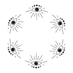 Cute round frame with hand drawn seeing eye and moon phases isolated on white background. Boho celestial circle composition.