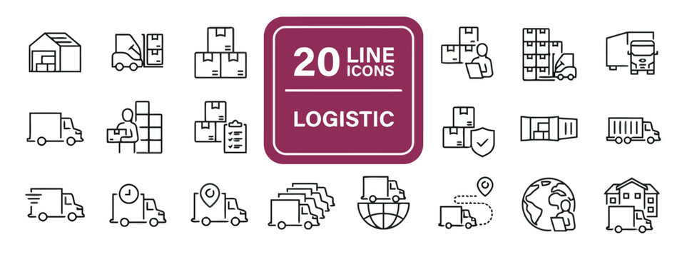 Set of Logistic Icons Illustrating Various Aspects of Delivery and Transportation in Outline Style - Powered by Adobe