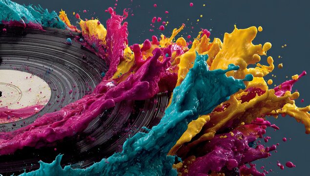 The black vinyl record sits in the middle, surrounded by abstract paint splashes in bright yellow, pink, and blue hues, with a dynamic, colorful background that conveys energetic motion and texture,