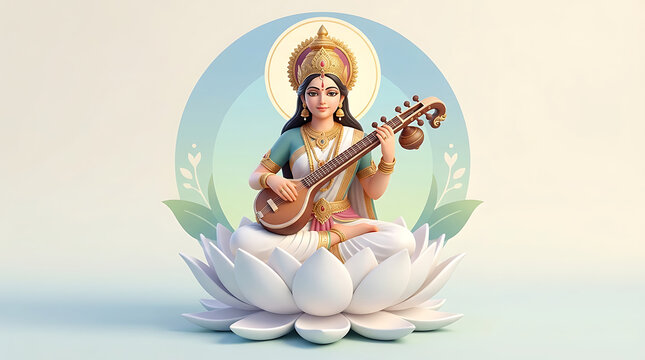 Divine hindu goddess saraswati sitting on lotus flower playing veena instrument for celebrating indian festival basant panchami and saraswati puja spiritual concept art