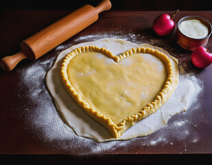 Heart Shaped Pie Crust Dough on Pastry Board with Rolling Pin AI