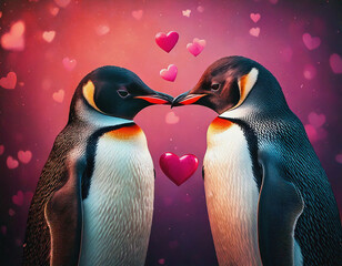 Two Penguins Facing each Other with Hearts in Valentine Tradition Illustration AI
