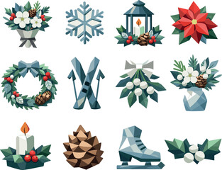 Winter Floral Icons. Seasonal winter bouquet and cold-weather floral decor represented through a professional low-poly vector icon