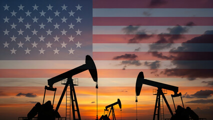 A composite image featuring the silhouettes of several oil pumpjacks against a sunset sky, overlaid with a partially transparent image of the American flag.