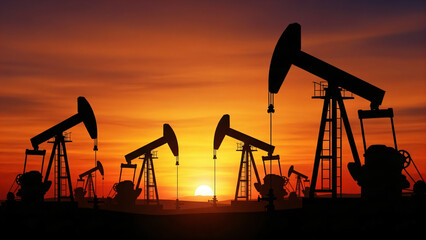 A digitally rendered image captures the silhouettes of multiple oil pump jacks against a dramatic sunset sky.