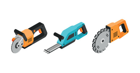 Set of three isometric electric power tools with handles and blades