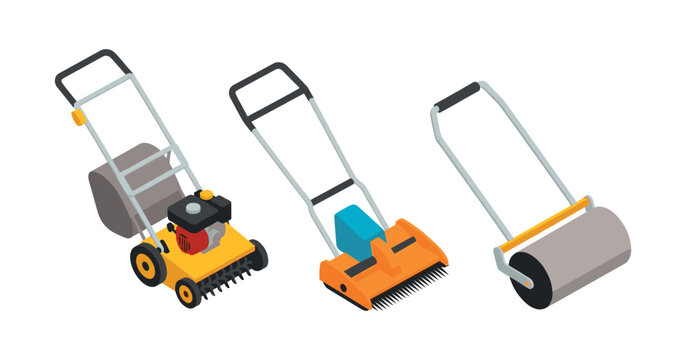 Set of three garden rollers and scarifiers for lawn maintenance