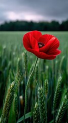 Obraz premium Vibrant Red Poppy Blooming in a Green Wheat Field Under Cloudy Sky