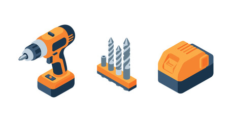 Isometric cordless drill with drill bits and battery charger illustration