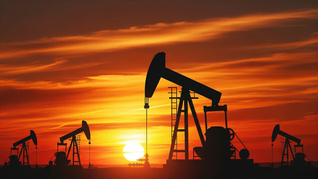 A low-angle, wide-shot silhouette features several oil well pumpjacks against a dramatically vibrant sunset sky. - Powered by Adobe