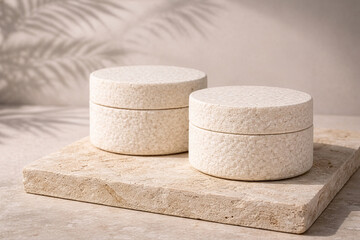 Sustainable Cosmetic Jars Made From Biodegradable Mushroom Mycelium In A Luxury Spa Setting.