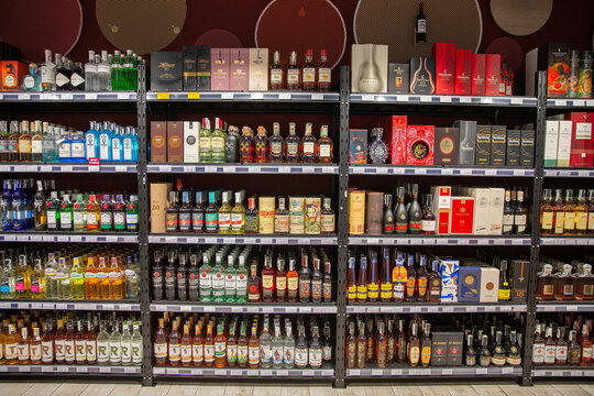 Wine Wine store interior with shelves of bottles in Kyiv, Ukraine.