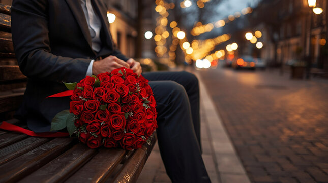 Romantic Valentine’s Day Evening with Red Roses Bouquet on Park Bench, Love ожидание, Romantic Date Atmosphere, City Lights, Relationship Emotion, Gift Concept and Holiday Mood - Powered by Adobe