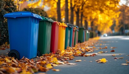 colorful recycling bins lined up on autumn street, blue yellow red and green wheeled waste containers in a row