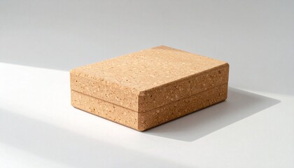 Rectangular cork yoga block with rounded edges on light surface, evoking natural support and mindful practice.