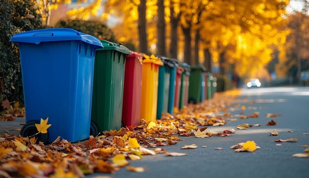 colorful recycling bins lined up on autumn street, blue yellow red and green wheeled waste containers in a row