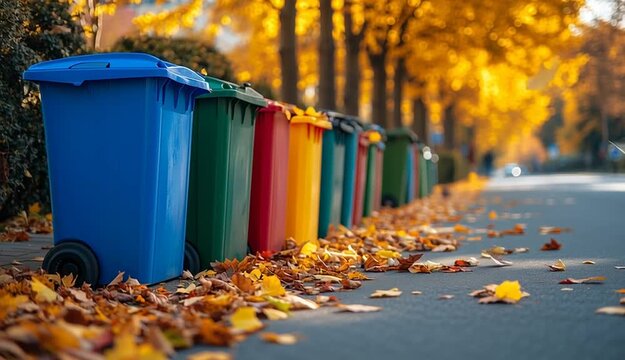 colorful recycling bins lined up on autumn street, blue yellow red and green wheeled waste containers in a row