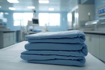 A neatly stacked pile of blue medical linens on a clean hospital bed in a bright, modern clinical setting.