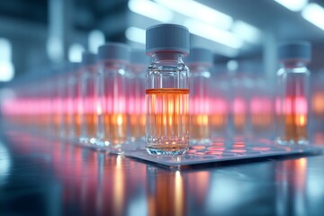 A modern medical vial with orange liquid sits in focus on a lab tray, surrounded by rows of similar vials under soft, cinematic lighting in a clean laboratory setting.