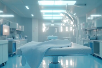 A clean, modern operating room with a sterile surgical table and soft blue lighting, conveying a calm and professional medical environment.