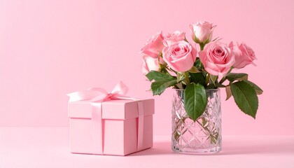Pink roses in patterned glass vase beside matching pink gift box on monochromatic pink background.