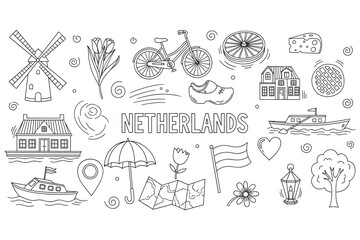 Fototapeta premium Netherlands icons: windmill, bicycle, tulip, clogs, cheese, canal house, stroopwafel, map